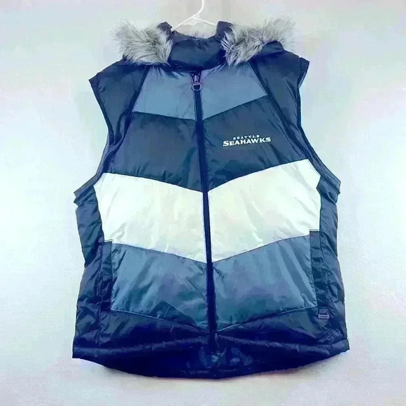 Reebok Puffer Vest Seattle Seahawks Women’s Size XL Navy White Blue Hood - Picture 1 of 6